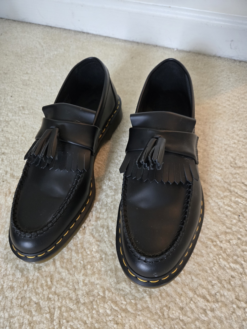 Dr. Martens Black Tassel Kiltie Loafers with Yellow Stitching